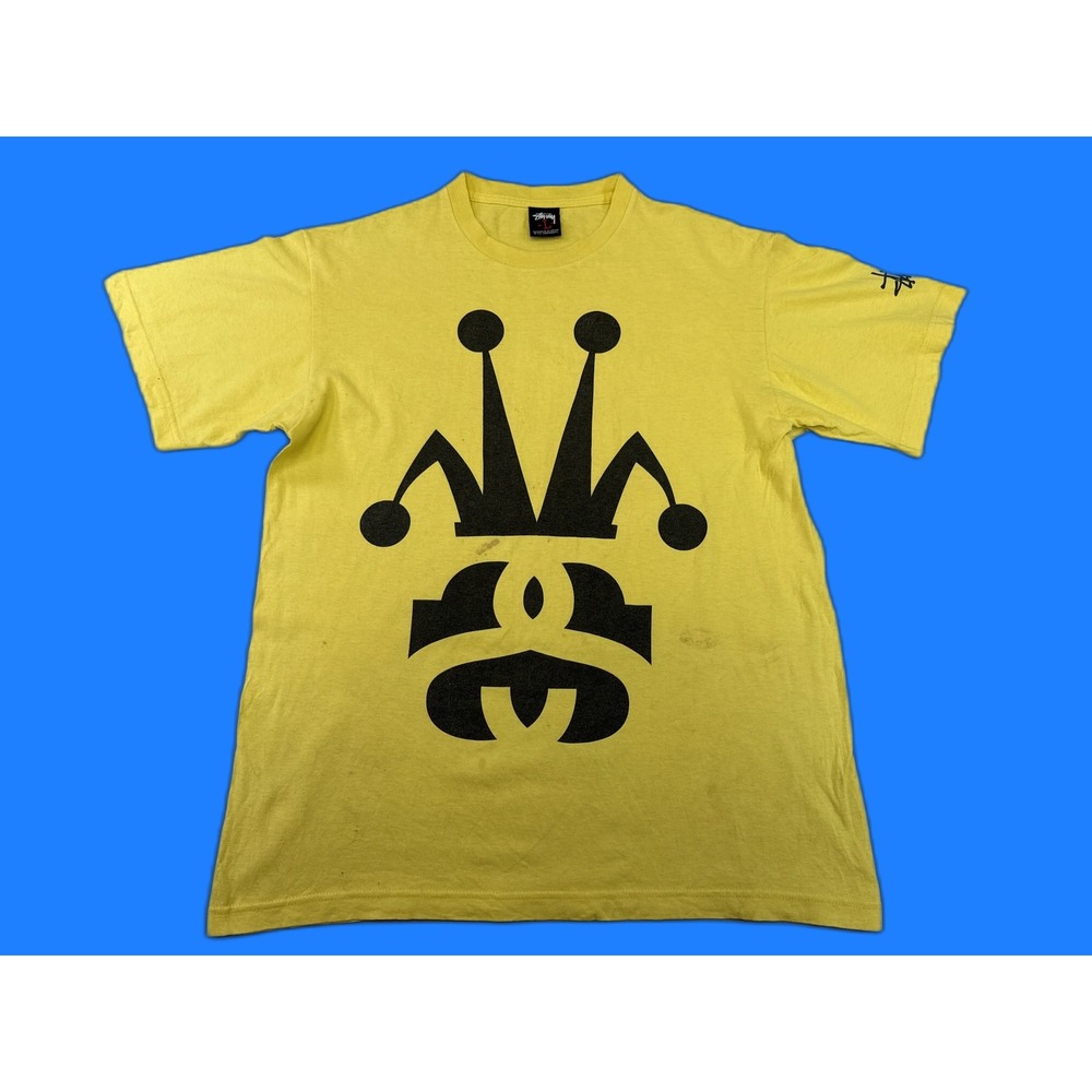 Stussy Crown Logo Graphic Tee Mens L Yellow 100% Cotton Regular Fit Short Shirt